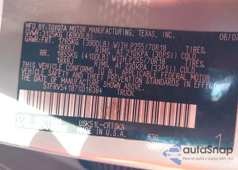 2007 Toyota Tundra Sr5 V8 from USA, damaged, VIN 5TFRV54187X018384